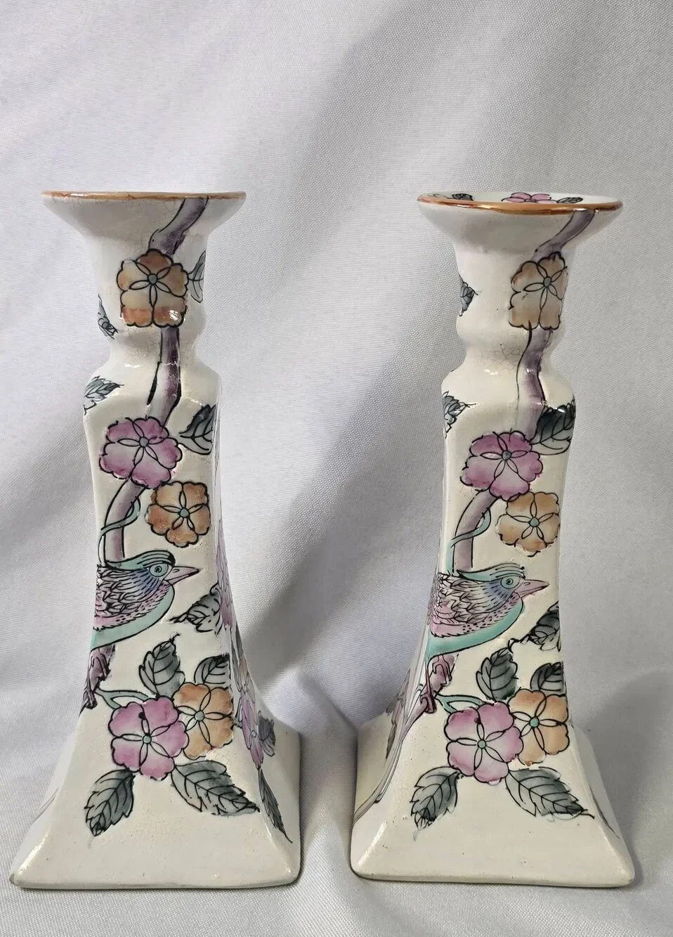 Vintage Hand-Painted Macau Porcelain Candlestick Holders - Floral Chinoiserie Pa